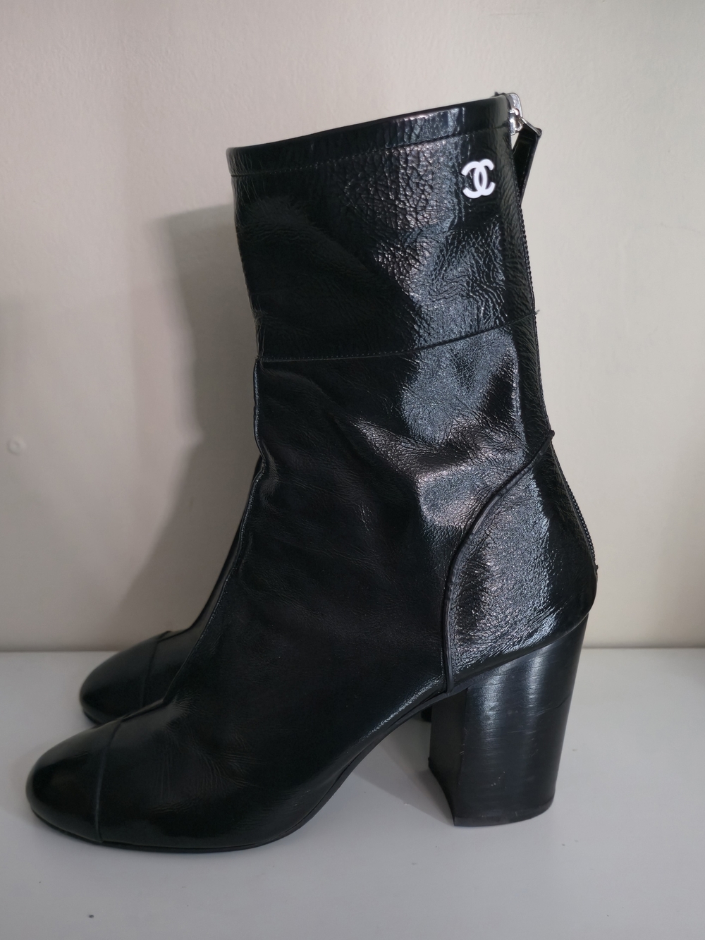 Chanel Black Leather Mid-Calf Block Heel Boots